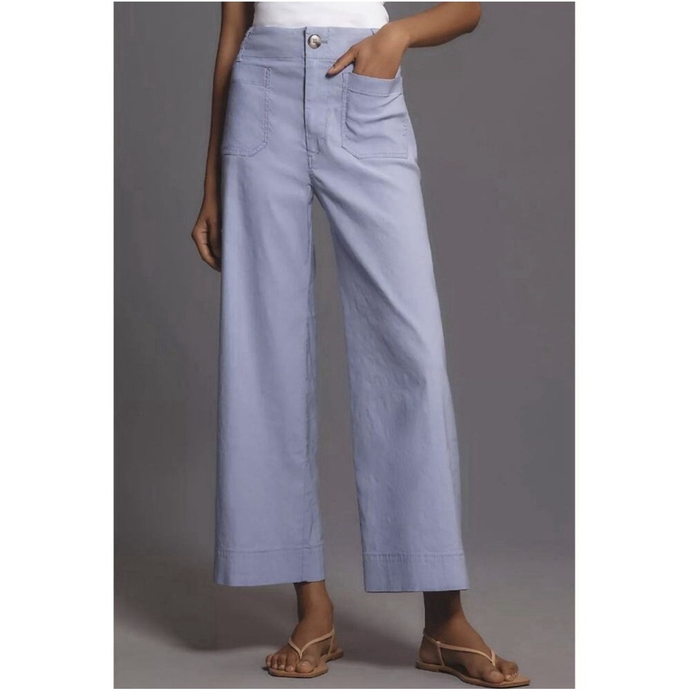 Anthropologie Maeve Colette Cropped Wide-Leg Pants Size 27P Purple Linen Cotton